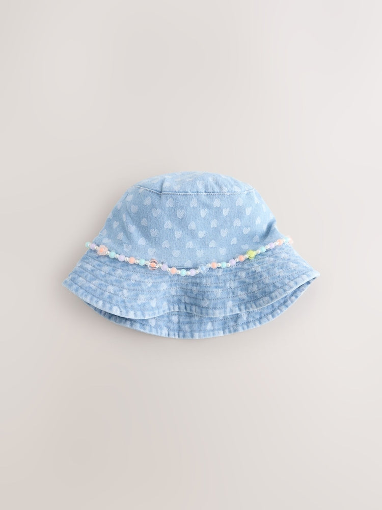Blue/ Cream Heart Beaded Pattern Bucket Hat (3mths-13yrs)