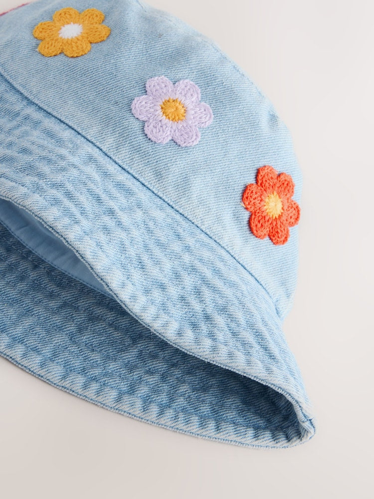 Denim Crochet Flower Bucket Hat (3mths-10yrs) - Size 3-9 Months (62-74cm)