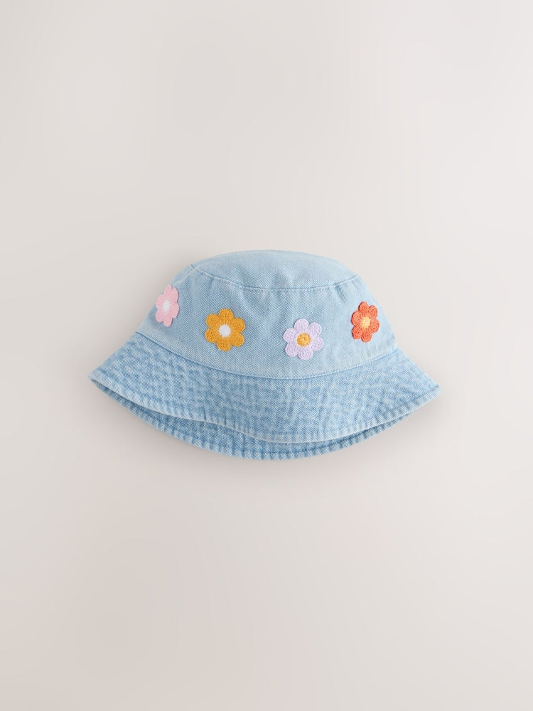 Denim Crochet Flower Bucket Hat (3mths-10yrs) - Size 3-9 Months (62-74cm)