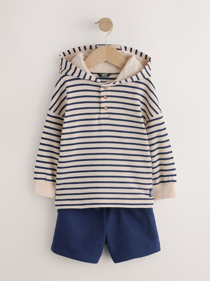 Ecru White Striped Textured Sweat Top and Shorts Set (3mths-7yrs) - Size 3-6 Months (62-68cm) - Ecru White Striped
