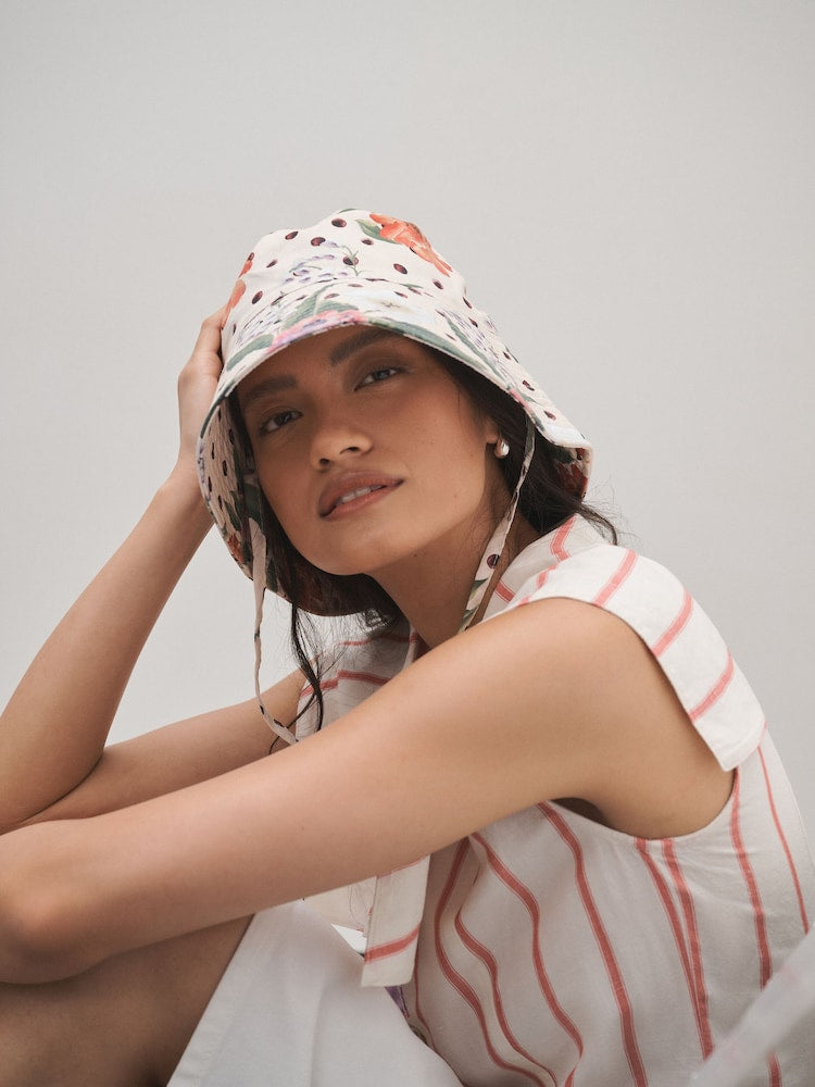 Polka Dot Floral Oversized Bucket Hat - Size S-M (UK 8-14)