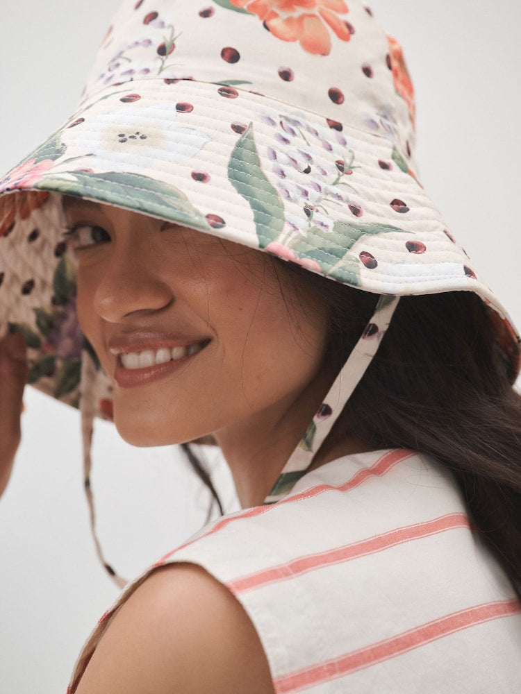 Polka Dot Floral Oversized Bucket Hat - Size S-M (UK 8-14)