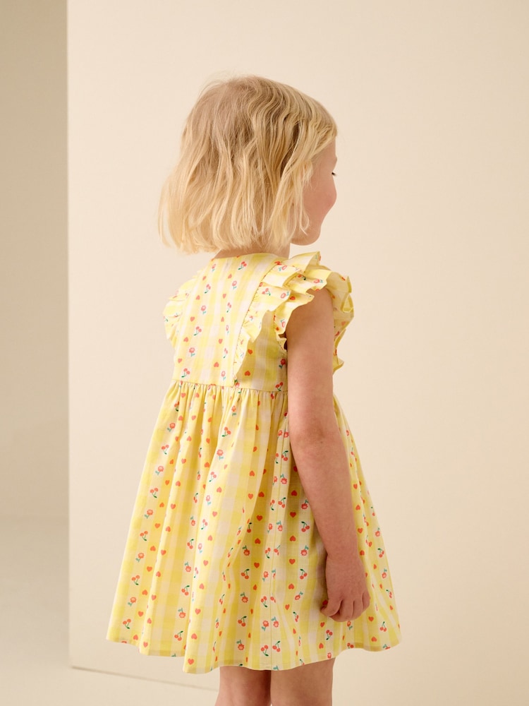 Pastel Yellow Check Double Ruffle Sleeve Dress (3mths-8yrs)