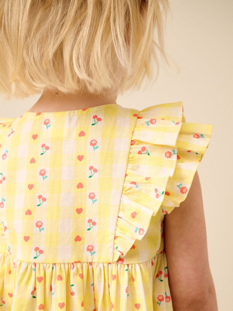Pastel Yellow Check Double Ruffle Sleeve Dress (3mths-8yrs)