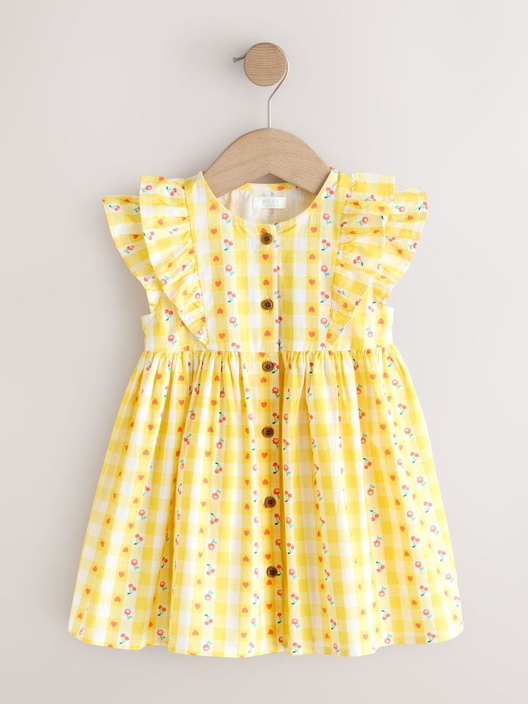Pastel Yellow Check Double Ruffle Sleeve Dress (3mths-8yrs)