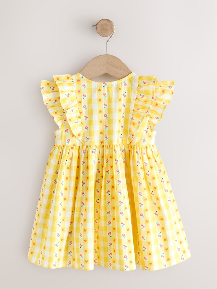 Pastel Yellow Check Double Ruffle Sleeve Dress (3mths-8yrs)