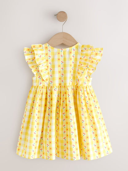 Pastel Yellow Check Double Ruffle Sleeve Dress (3mths-8yrs)