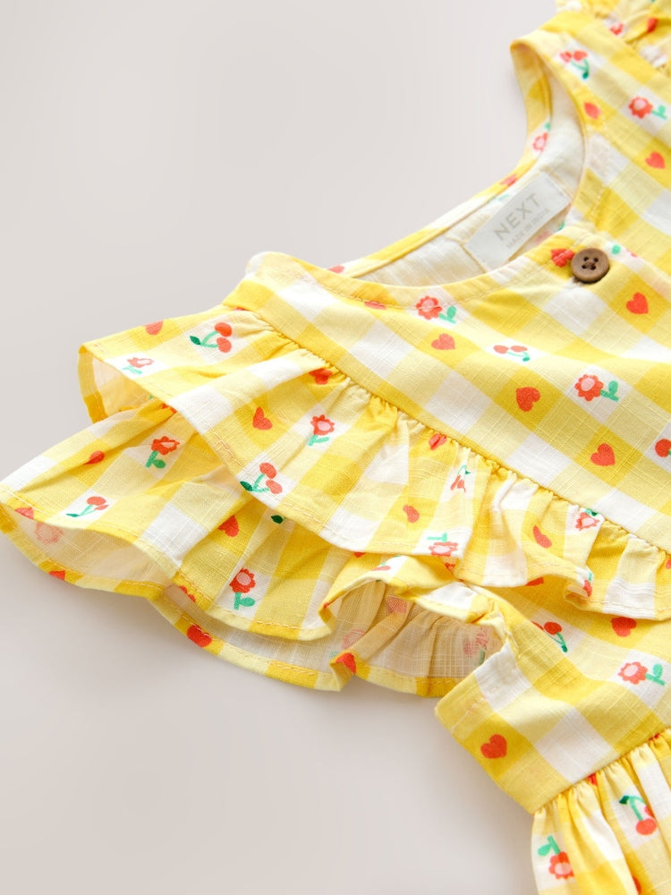 Pastel Yellow Check Double Ruffle Sleeve Dress (3mths-8yrs)