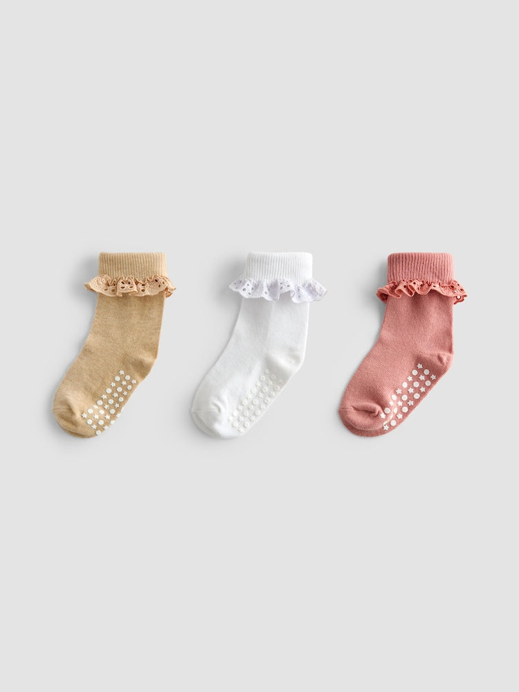 JoJo Maman Bébé Pink 3-Pack Frill Socks - Size Up To 6 Months (50 - 68cm)