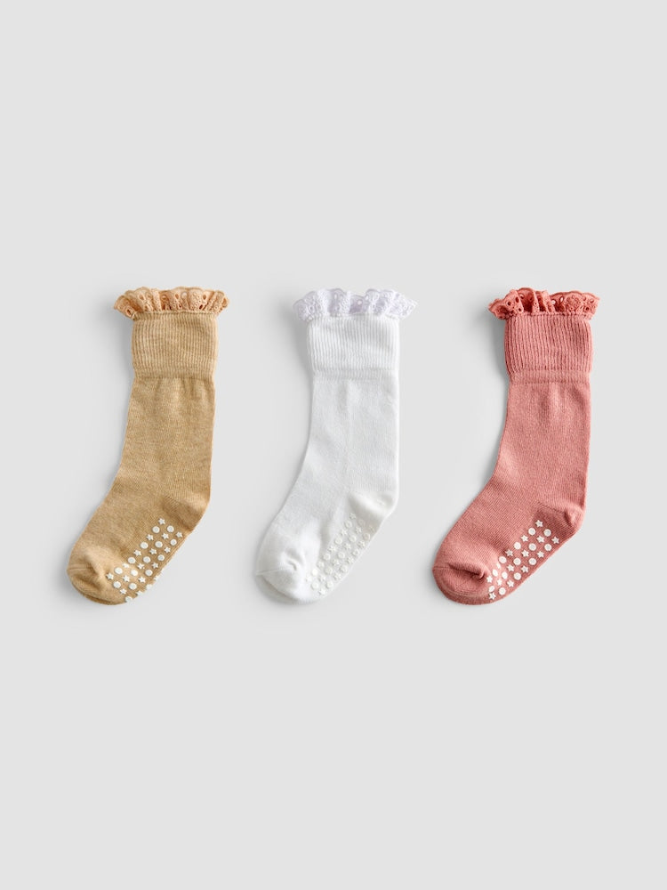 JoJo Maman Bébé Pink 3-Pack Frill Socks - Size Up To 6 Months (50 - 68cm)