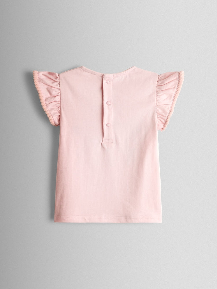 JoJo Maman Bébé Pink Ballerina Applique Frill Shoulder T-Shirt