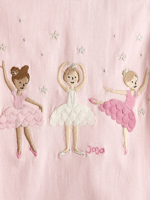 JoJo Maman Bébé Pink Ballerina Appliqué Frill Shoulder T-Shirt - Size 6-12 Months (68-80cm)