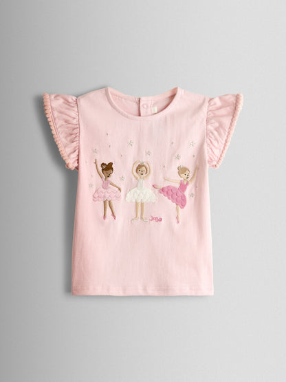 JoJo Maman Bébé Pink Ballerina Appliqué Frill Shoulder T-Shirt - Size 6-12 Months (68-80cm) - Default 1