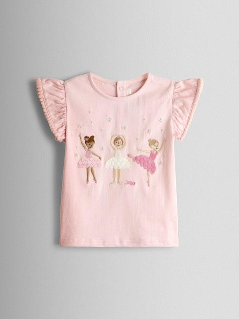 JoJo Maman Bébé Pink Ballerina Appliqué Frill Shoulder T-Shirt - Size 6-12 Months (68-80cm)