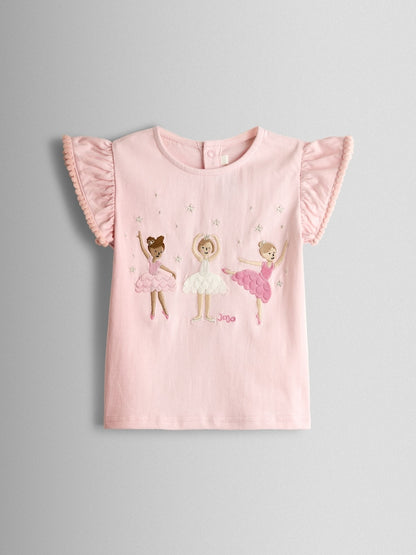 JoJo Maman Bébé Pink Ballerina Appliqué Frill Shoulder T-Shirt - Size 6-12 Months (68-80cm)
