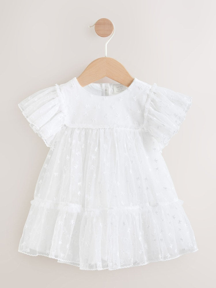 White Bow Mesh Baby Dress (0mths-2yrs) - Up to 1 Month (50-56cm)