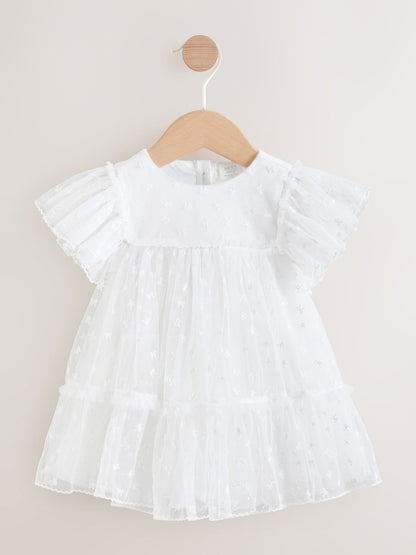 White Bow Mesh Baby Dress (0mths-2yrs) - Up to 1 Month (50-56cm)