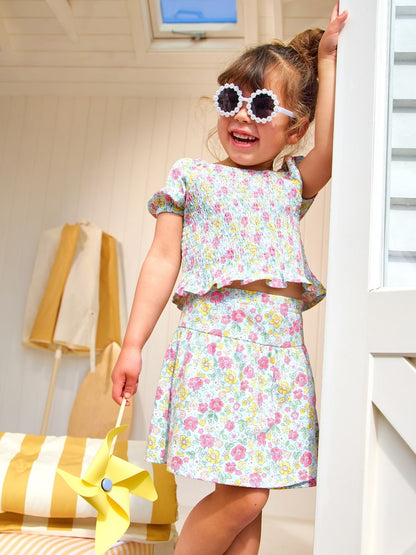 JoJo Maman Bébé Blue Smocked Cap Sleeve Top &amp; Skort Set - Blue / 7 - 8 Years (122 - 128cm)