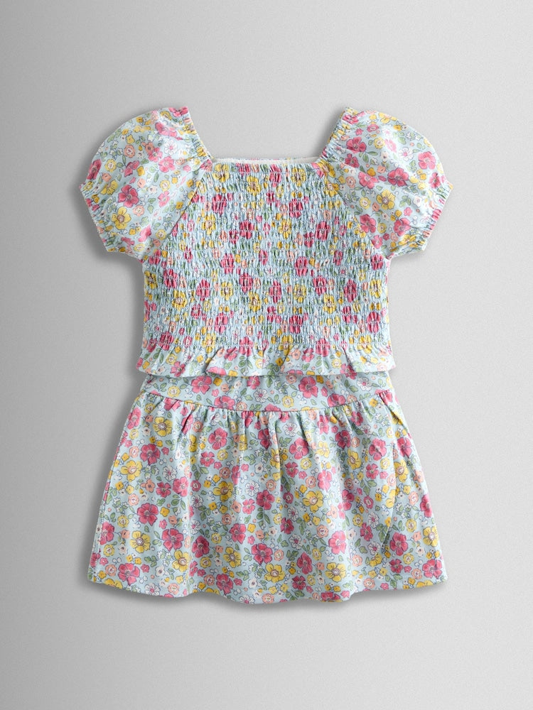 JoJo Maman Bébé Blue Smocked Cap Sleeve Top &amp; Skort Set