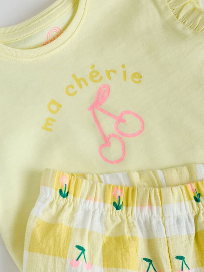 Yellow Cherry Short Sleeve Baby Tops and Wide Leg Leggings Set 2 Piece (0mths-2yrs)