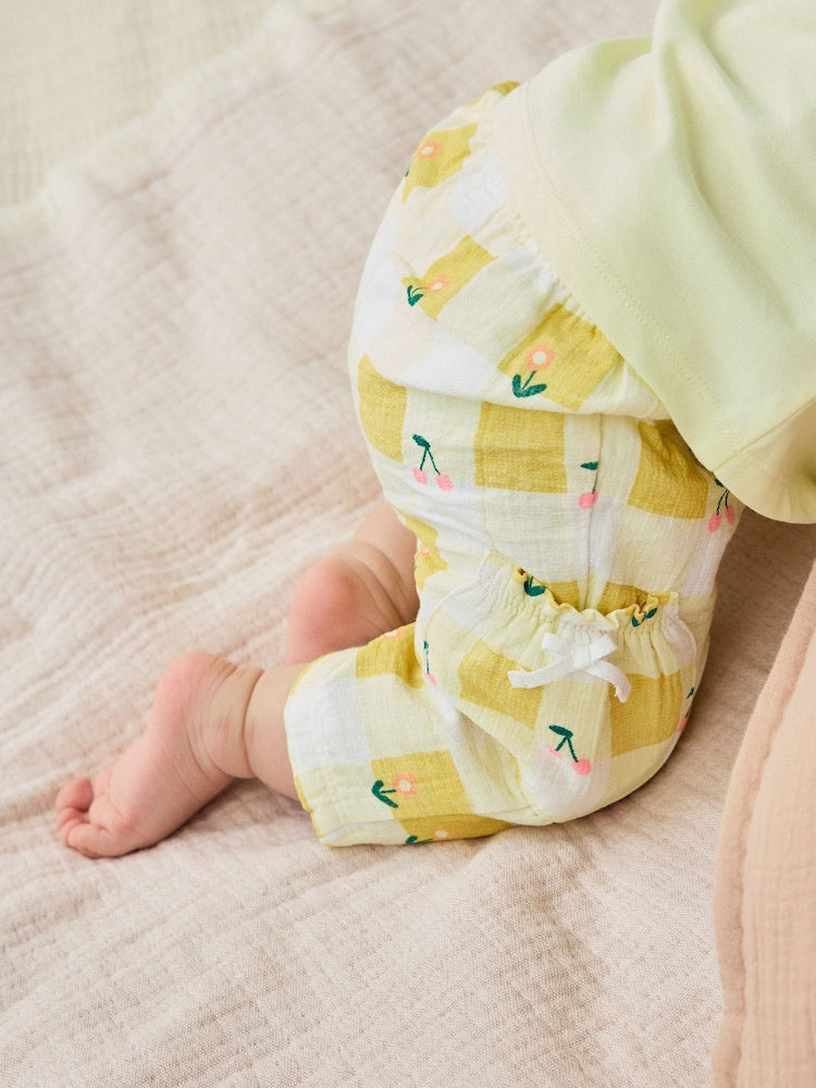 Yellow Cherry Short Sleeve Baby Tops and Wide Leg Leggings Set 2 Piece (0mths-2yrs)