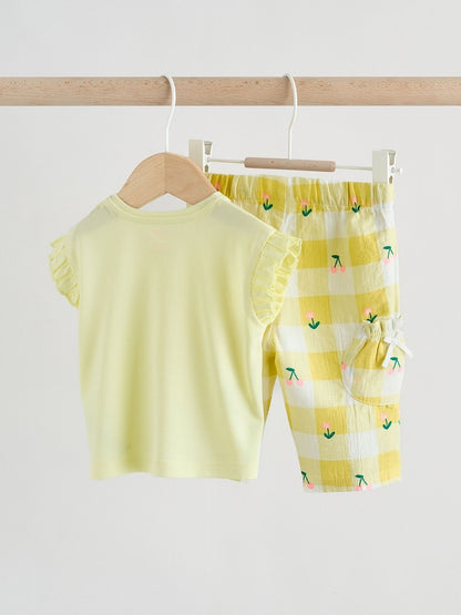 Yellow Cherry Short Sleeve Baby Tops and Wide Leg Leggings Set 2 Piece (0mths-2yrs)
