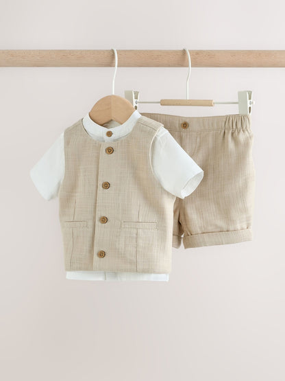 Neutral Woven Waistcoat, Shirt and Shorts Baby Set 3 Piece (0mths-2yrs) - Neutral Woven Waistcoat, / 12-18 Months (80-86cm)