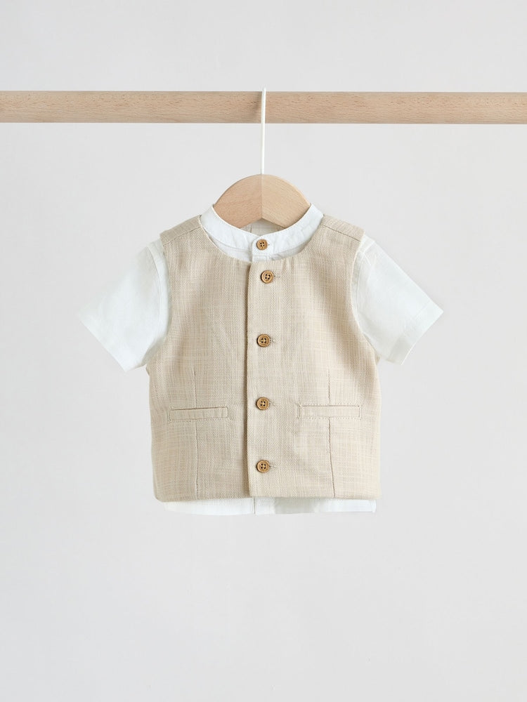 Neutral Woven Waistcoat, Shirt and Shorts Baby Set 3 Piece (0mths-2yrs)