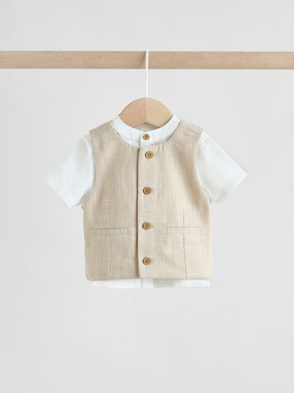 Neutral Woven Waistcoat, Shirt and Shorts Baby Set 3 Piece (0mths-2yrs)