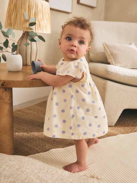 Blue/Ecru Spot Woven Baby Dress And Knickers Set 2 Piece (0mths-3yrs)