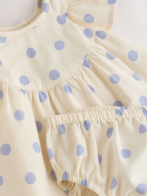 Blue/Ecru Spot Woven Baby Dress And Knickers Set 2 Piece (0mths-3yrs)