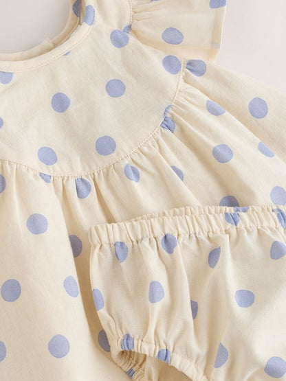 Blue/Ecru Spot Woven Baby Dress And Knickers Set 2 Piece (0mths-3yrs)