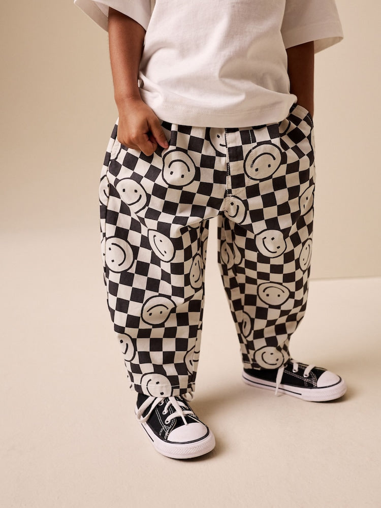 Black/Neutral Happy Face Checkerboard Barrel Pull On Trousers (3mths-7yrs)