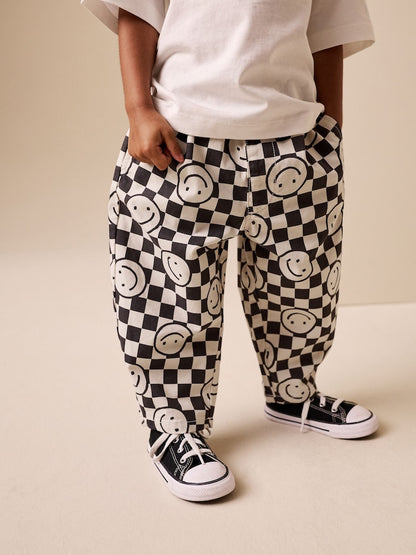 Black/Neutral Happy Face Checkerboard Barrel Pull On Trousers (3mths-7yrs)
