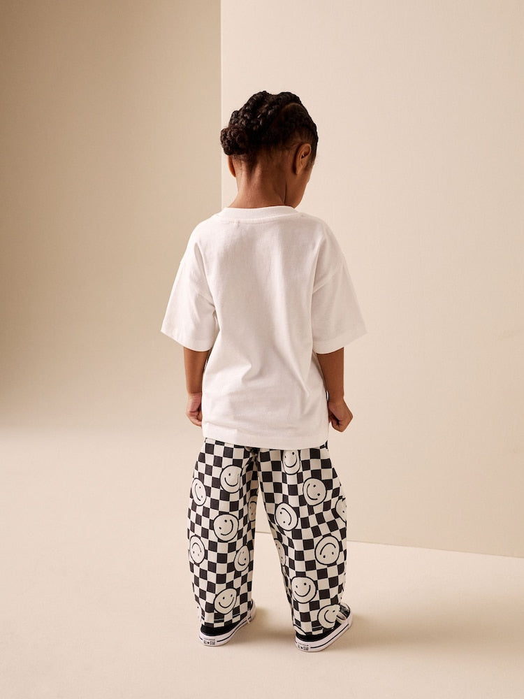Black/Neutral Happy Face Checkerboard Barrel Pull On Trousers (3mths-7yrs)