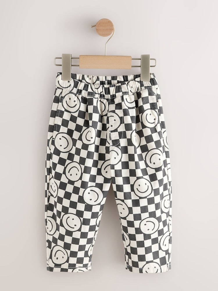Black/Neutral Happy Face Checkerboard Barrel Pull On Trousers (3mths-7yrs)