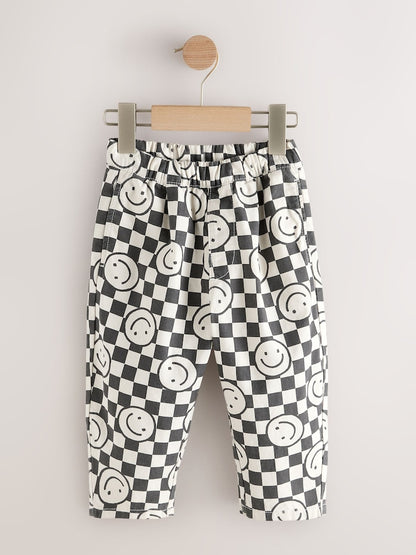 Black/Neutral Happy Face Checkerboard Barrel Pull On Trousers (3mths-7yrs)
