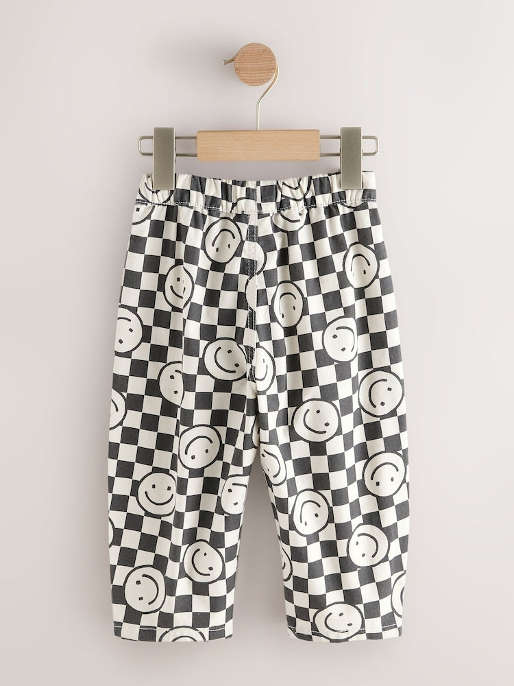 Black/Neutral Happy Face Checkerboard Barrel Pull On Trousers (3mths-7yrs)