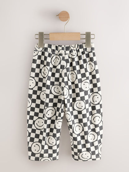 Black/Neutral Happy Face Checkerboard Barrel Pull On Trousers (3mths-7yrs)