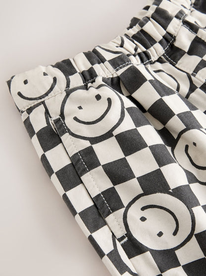 Black/Neutral Happy Face Checkerboard Barrel Pull On Trousers (3mths-7yrs)