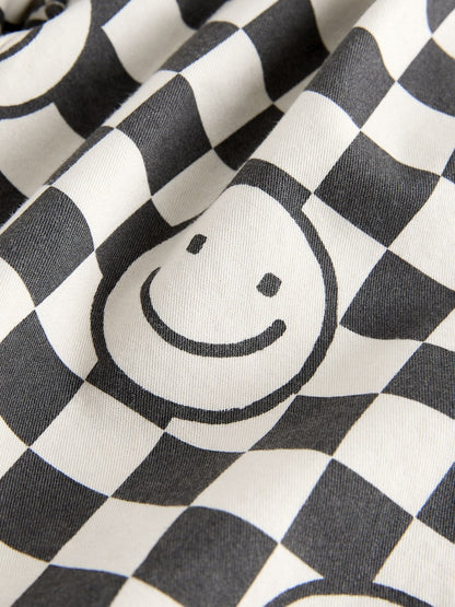 Black/Neutral Happy Face Checkerboard Barrel Pull On Trousers (3mths-7yrs)
