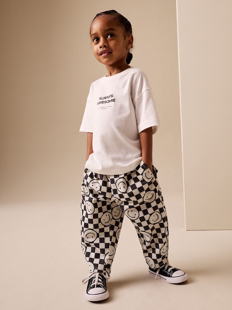 Black/Neutral Happy Face Checkerboard Barrel Pull On Trousers (3mths-7yrs) - 12-18 Months (80-86cm)