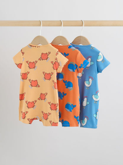 Blue/Yellow Two Way Zip Baby Rompers 3 Pack (0mths-3yrs)