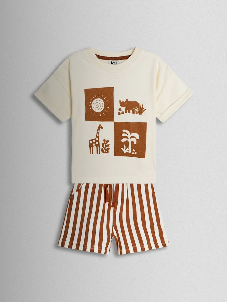 JoJo Maman Bébé Tan Brown Safari Printed T-Shirt & Shorts Set - Tan Brown Safari / 12-18 Months (80-86cm)