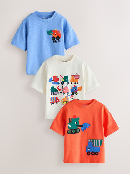 Multi Digger Short Sleeve Appliqué T-Shirts 3 Pack (3mths-7yrs) - Multi Digger / 12-18 Months (80-86cm)