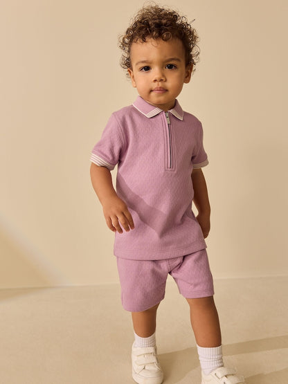 Pink Zip Neck Short Sleeve Polo Shirt And Shorts Set (3mths-7yrs) - Pink Zip Neck / 12-18 Months (80-86cm)