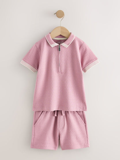 Pink Zip Neck Short Sleeve Polo Shirt And Shorts Set (3mths-7yrs)
