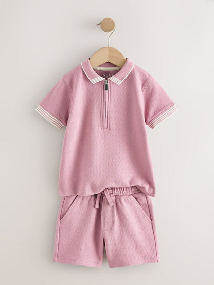 Pink Zip Neck Short Sleeve Polo Shirt And Shorts Set (3mths-7yrs)