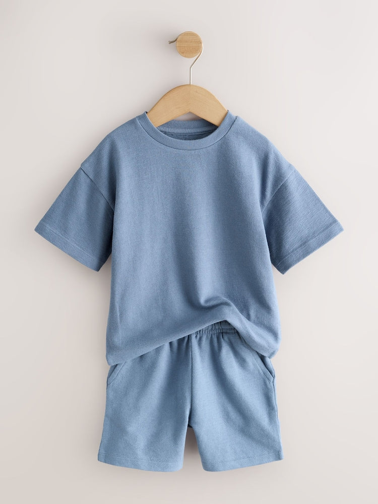 Blue/Green/Neutral Textured Short Sleeve T-Shirt and Shorts Set 3 Pack (3mths-7yrs)