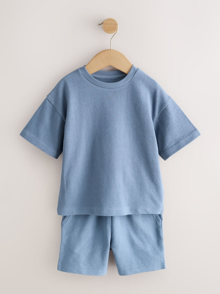 Blue/Green/Neutral Textured Short Sleeve T-Shirt and Shorts Set 3 Pack (3mths-7yrs)